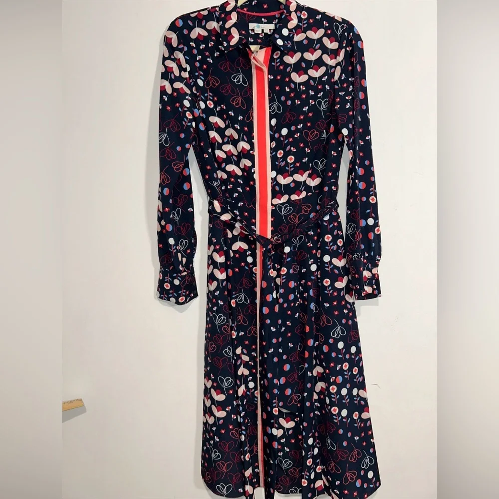 Boden Navy Floral-Print Long-Sleeve Shirt Dress with Coral Trim - Picture 1 of 8